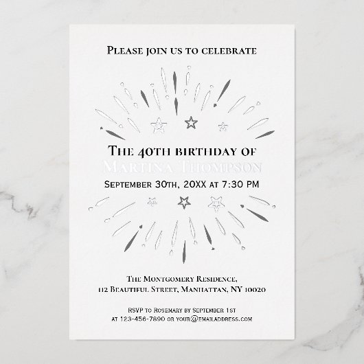 Fireworks 40th Birthday Party Black White Grey Folie Uitnodiging (Voorkant)