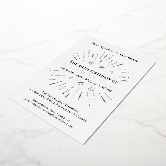 Fireworks 40th Birthday Party Black White Grey Folie Uitnodiging (Gedraaid)