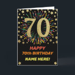Fireworks 70th Birthday Colorful Rainbow Gold Kaart<br><div class="desc">Fun,  vrolijk en kleurrijk design verjaardagskaart 
Vuurwerk in heldere regenboogkleuren. Faux goud groot getal op zwart. 
Haal deze vrolijke kaart om je vriend of familie te vieren!</div>