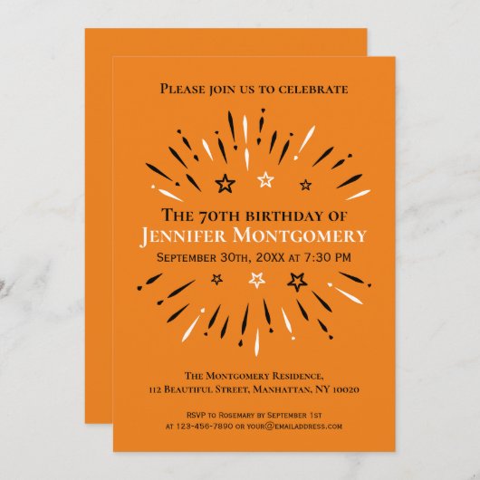 Fireworks 70th Birthday Party Black White Sinaasap Kaart (Voorkant / Achterkant)