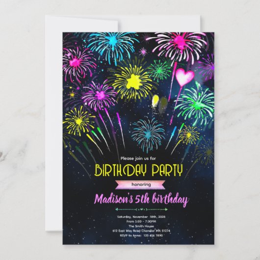 Fireworks Birthday party Invitation Kaart (Voorkant)