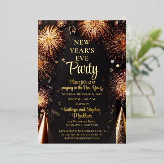 Fireworks Black Gold New Years Eve Party Folie Uitnodiging (Staand Voorkant)
