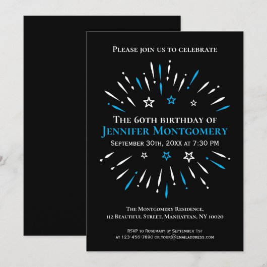 Fireworks Black White Blue 60th Birthday Party Kaart (Voorkant / Achterkant)