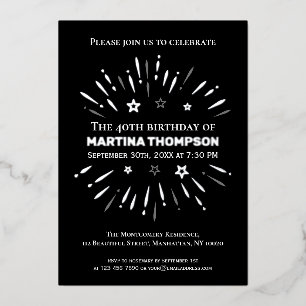 Fireworks Black White Grey 40th Birthday Party Folie Uitnodiging