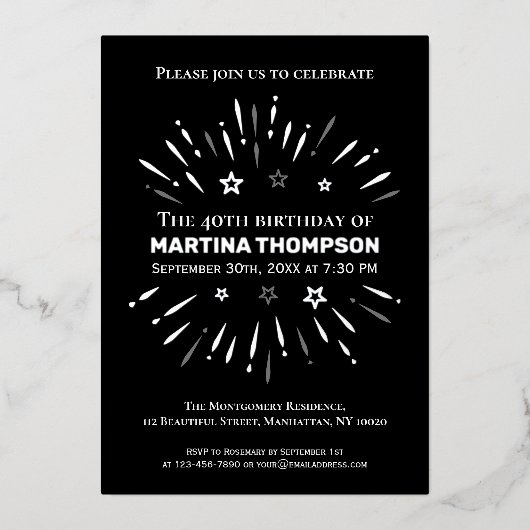 Fireworks Black White Grey 40th Birthday Party Folie Uitnodiging (Voorkant)