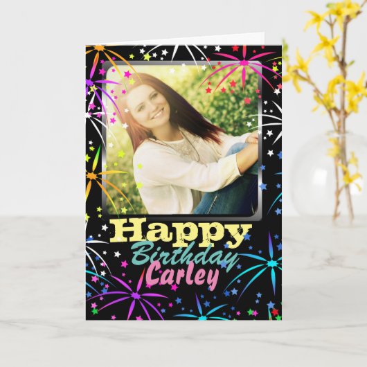 Fireworks Celebration Custom Photo Birthday Kaart (Gele Bloem)