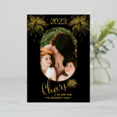 Fireworks Cheers to the New Year 2023 Photo Gold F Folie Feestdagenkaart (Staand Voorkant)