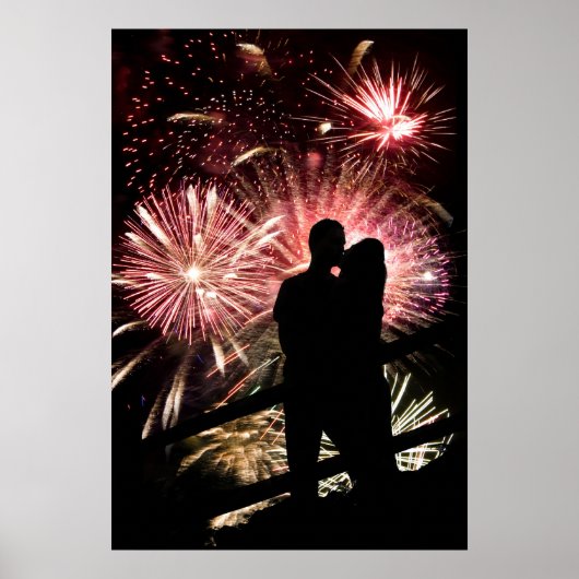 Fireworks Couple Kississer Silhouette Poster (Voorkant)