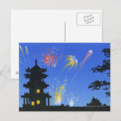 Fireworks-display en silhouette van pagode briefkaart (Voorkant / Achterkant)
