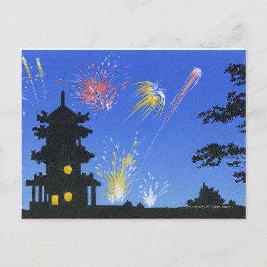 Fireworks-display en silhouette van pagode briefkaart (Voorkant)