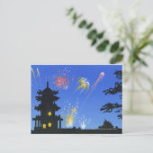 Fireworks-display en silhouette van pagode briefkaart (Staand voorkant)