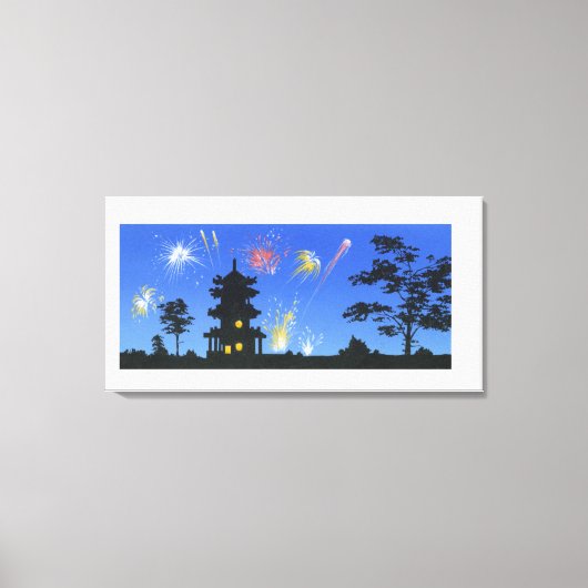 Fireworks-display en silhouette van pagode canvas afdruk (Voorkant)