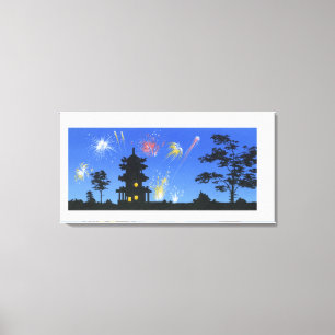 Fireworks-display en silhouette van pagode canvas afdruk
