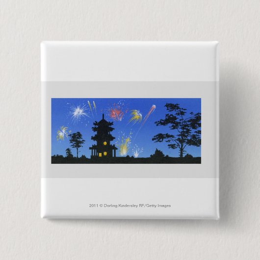 Fireworks-display en silhouette van pagode vierkante button 5,1 cm (Voorkant)