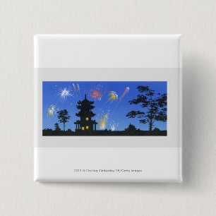 Fireworks-display en silhouette van pagode vierkante button 5,1 cm