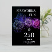 Fireworks, Fun, Freedom 250th 4th of July Folie Uitnodiging (Staand Voorkant)