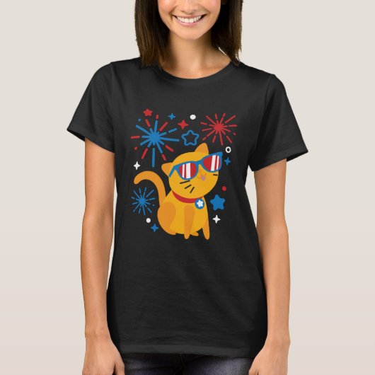 Fireworks Meowica 4th Of July USA Flag Merica Cat T-shirt (Voorkant)
