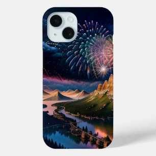 FireWorks Mountain Bridge Village Rivierlandschap iPhone 15 Case