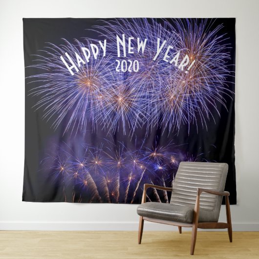 Fireworks New Years Blue Photo Booth Backdrop Wandkleed (In Situ (horizontaal))