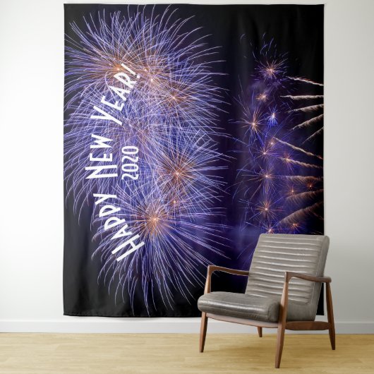 Fireworks New Years Blue Photo Booth Backdrop Wandkleed (In situ)