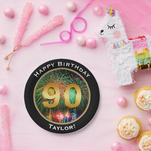 Fireworks Ninetieth 90th Birthday, met naam Papieren Bordje (Feest)