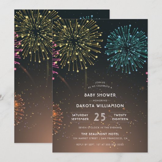 Fireworks Party | Modern Typografie-Baby shower Kaart (Voorkant / Achterkant)