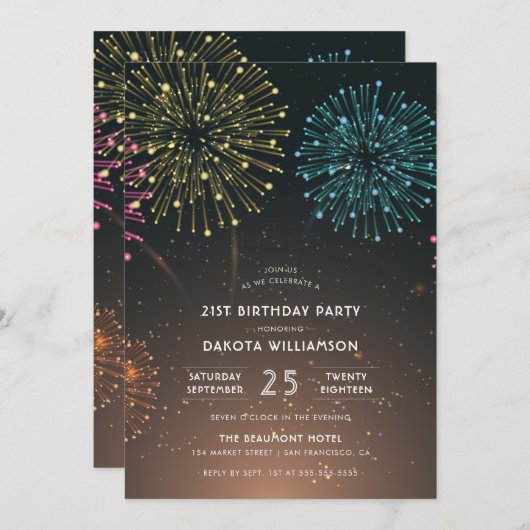 Fireworks Party | Moderne typografie Birthday Part Kaart (Voorkant / Achterkant)