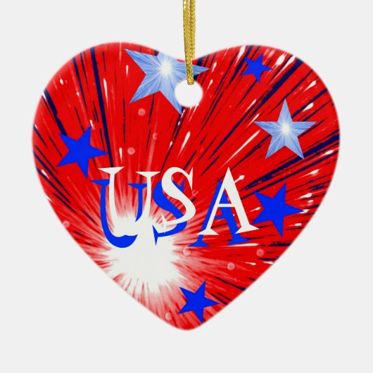 Fireworks Red White Blue 'USA'-ornament hart Keramisch Ornament (Voorkant)