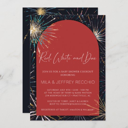 Fireworks Red, White en Due Baby shower Kaart (Voorkant / Achterkant)