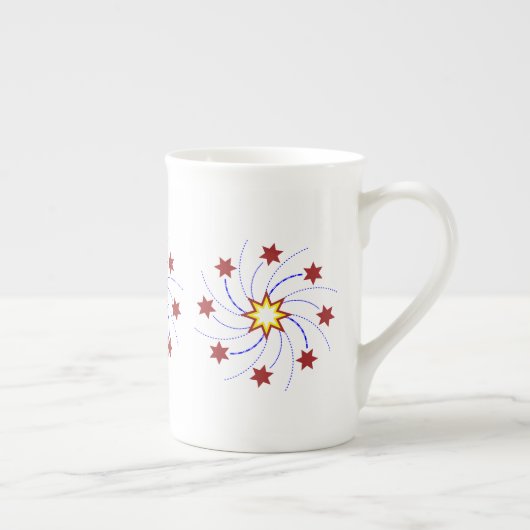 Fireworks Star Swirl - Rood, Geel, Blauw op Wit Porselein Kop (Rechts)