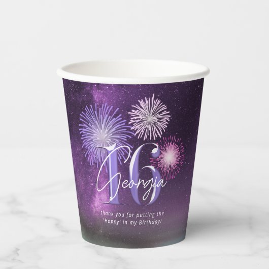 Fireworks Sweet 16 Paarse ID984 Papieren Bekers (Voorkant)