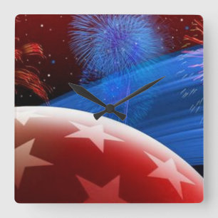 Fireworks Wall-klok met rode witte en blauwe sterr Vierkante Klok