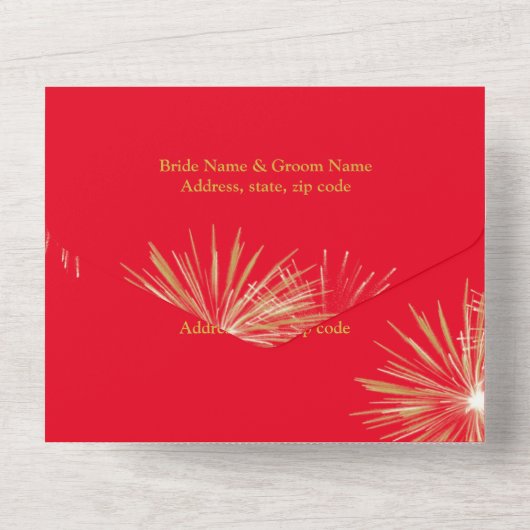 Fireworks Wedding Red/Gold Double Happiness All In One Uitnodiging (Achterkant)