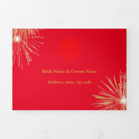 Fireworks Wedding Red/Gold Double Happiness Drieluik Uitnodiging (Cover)