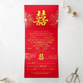 Fireworks Wedding Red/Gold Double Happiness Drieluik Uitnodiging (Binnen)