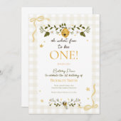 First 1st Birthday Honey Bee Gingham Bows Kaart (Voorkant / Achterkant)