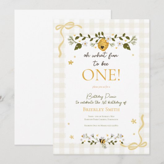 First 1st Birthday Honey Bee Gingham Bows Kaart (Voorkant / Achterkant)