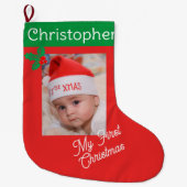 First Baby's Foto Aangepaste Naam Jongen of Meisje Grote Kerstsok (Voorkant)