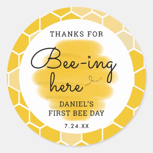 First Bee Day Bedankt dat je hier bent Ronde Sticker (Voorkant)