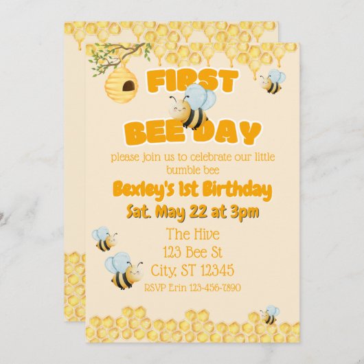 First Bee Day, Bumble Bee 1st Birthday Kaart (Voorkant / Achterkant)