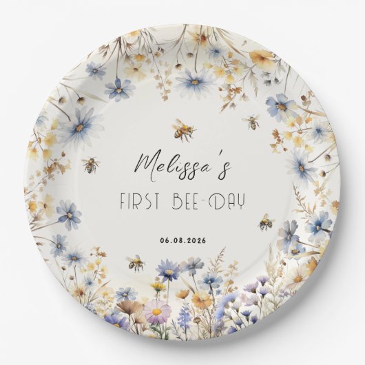 First Bee Day - Floral 1st Birthday  Papieren Bordje (Voorkant)