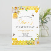First Bee Day Floral Honey Bee 1st Birthday Party Kaart (Staand voorkant)