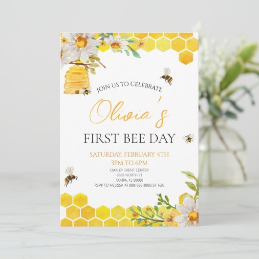 First Bee Day Floral Honey Bee 1st Birthday Party Kaart (Staand voorkant)