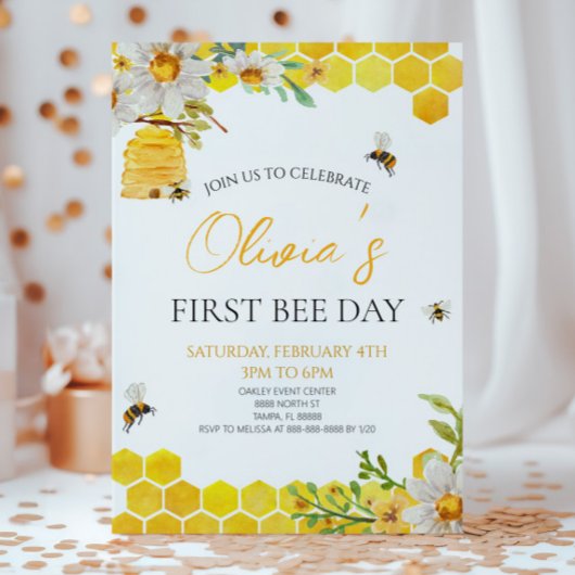First Bee Day Floral Honey Bee 1st Birthday Party Kaart