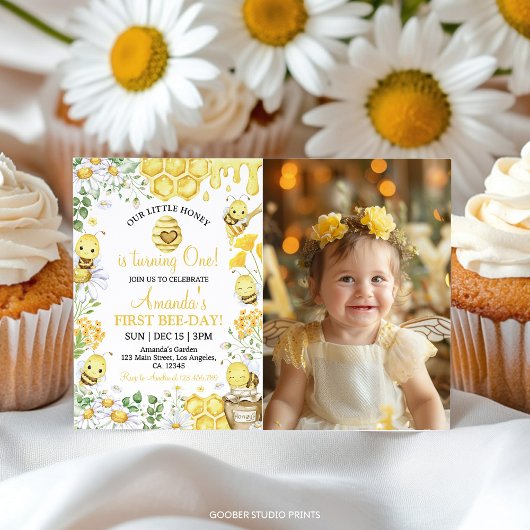 First Bee Day Floral Honey Bee Birthday Invitation Bedankkaart