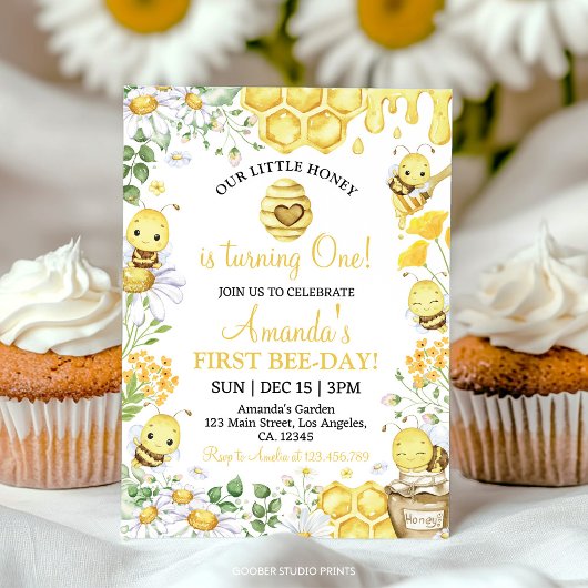 First Bee Day Floral Honey Bee Birthday Party Kaart