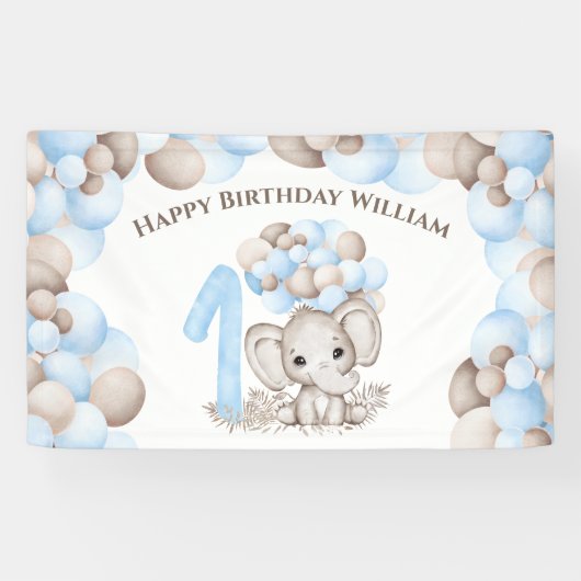 First Birthday Boy Cute Elephant Banner (Horizontaal)