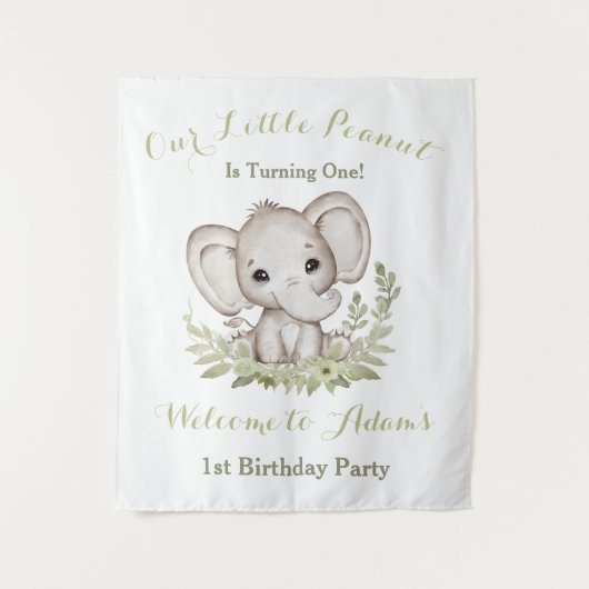 First Birthday Boy Elephant Welcome Sign Tapestry Wandkleed (Voorkant)