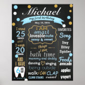 First Birthday Chalkboard sign confetti blue boy Poster (Voorkant)