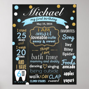 First Birthday Chalkboard sign confetti blue boy Poster